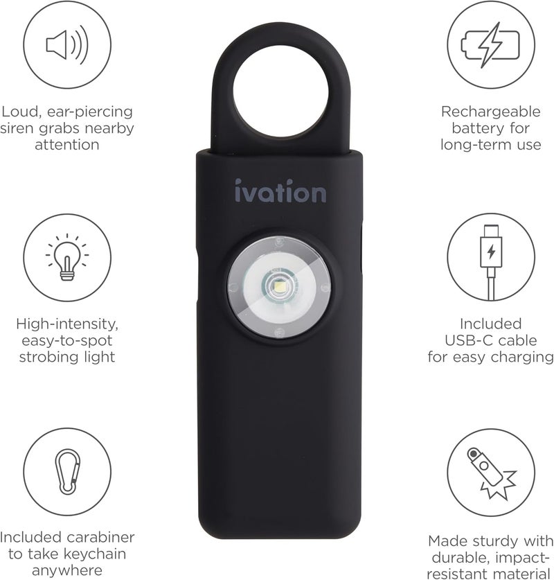 Ivation Personal Rechargeable SOS Alarm, Pocket Size Loud 130dB Sound Safety Siren & LED Panic Strobe Light with Carabiner Keychain Clip for Women, Children & Seniors, Black - Image 2